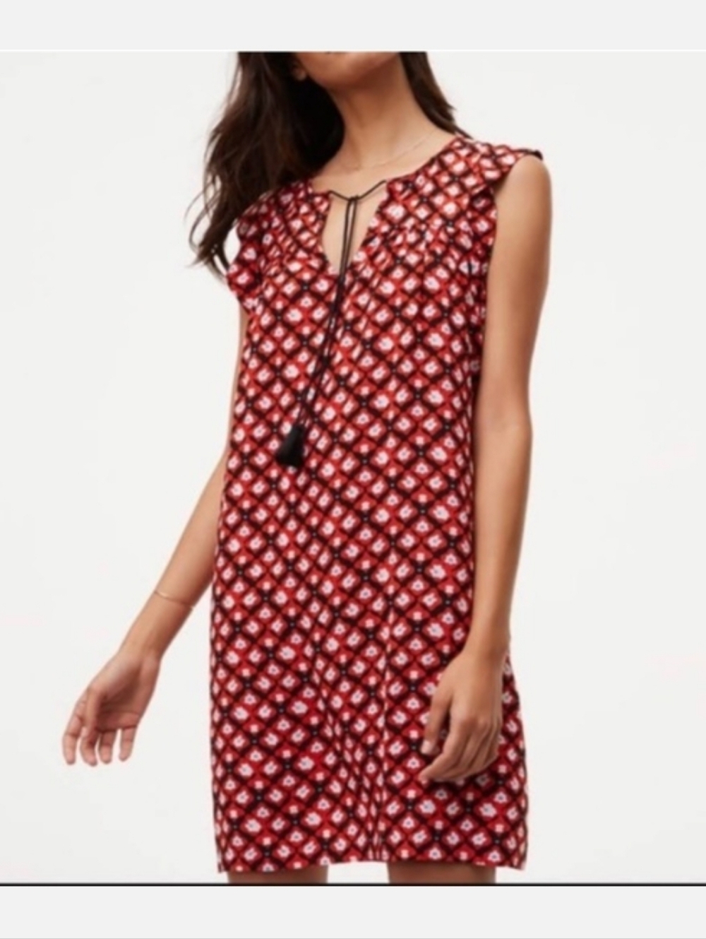 LOFT Red and Black Geometric Tassel Shift Dress Size XS
